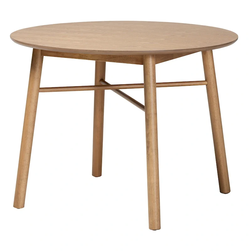 Oak Brown Mid-Century Round Rubberwood Dining Table with Angled Crisscross Legs – Seats 4