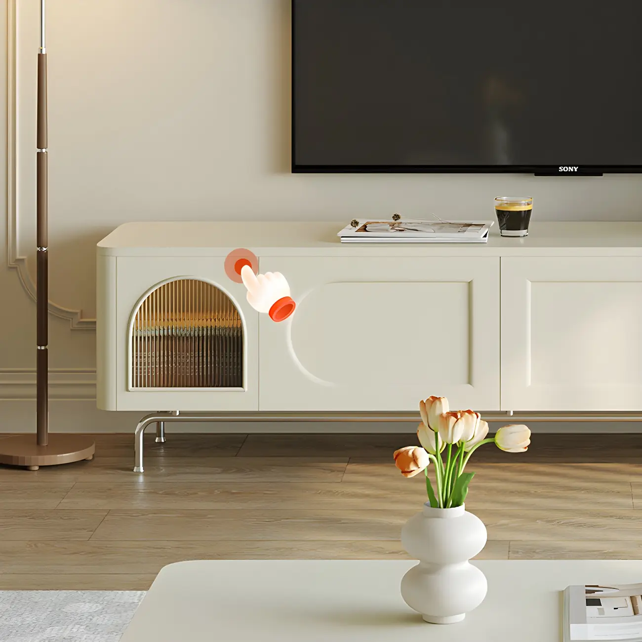 94.5 White Wood Arched Display Niches TV Stand with Cabinets