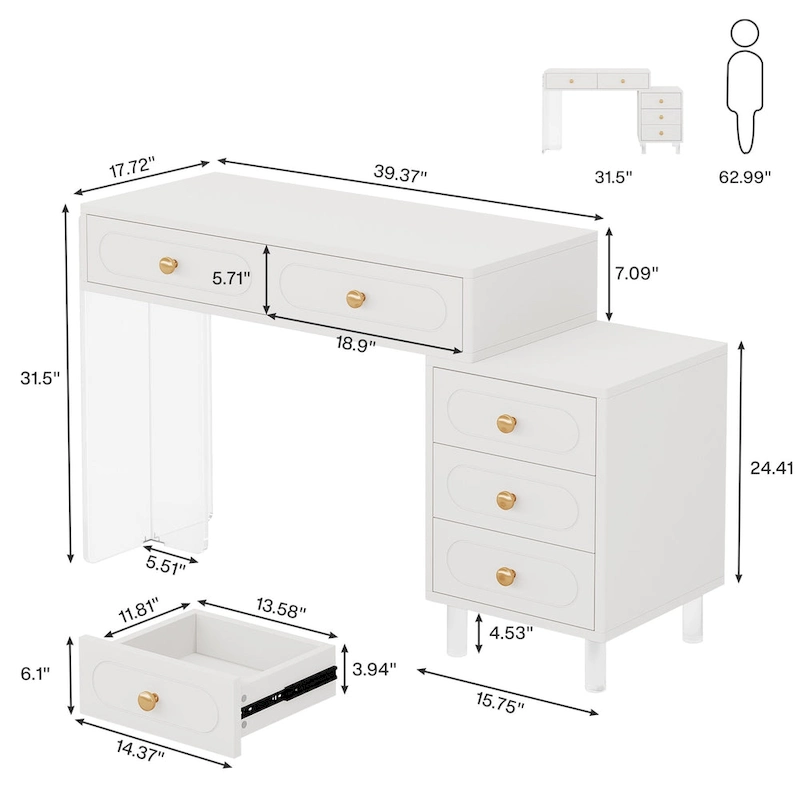 Modern 5 Drawers Computer Writing Desk with Acrylic Base