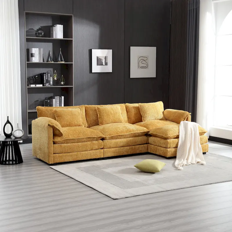 Yellow 112.2 L-Shaped 4-Seat Sectional Sofa in Modern Boucle Fabric with Removable Cushions and Detachable Armrests