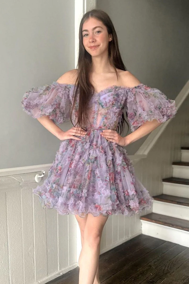 Light Purple A Line Off the Shoulder Printed Homecoming Dress