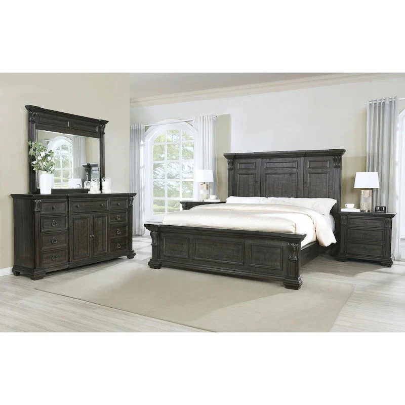 Dark Walnut Wood Panel Bedroom Set – Bed, Dresser, Mirror & 2 Nightstands (King/Queen, 2-Person)