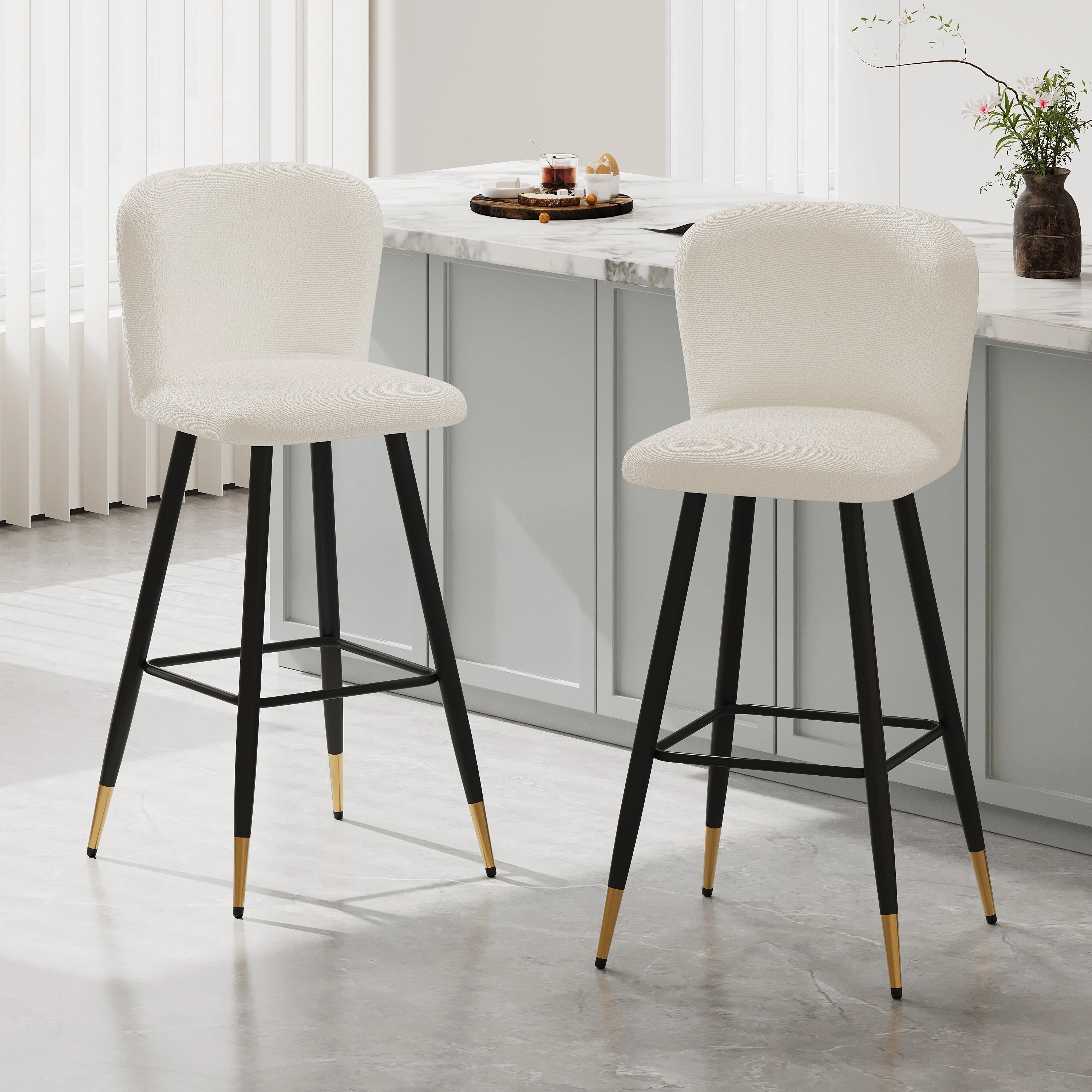 Modern Beige Upholstery Fabric Bar Stools with Footrest
