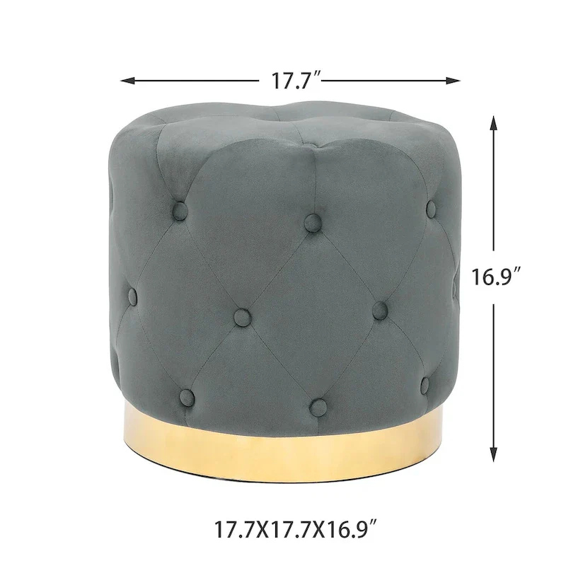 Adeco Round Velvet Ottoman Vanity Footrest Stool Gold Plating Base