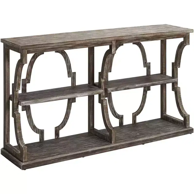 Crestview Collection Stockton Farmhouse Rustic Chestnut Wood Console Table 64 x 15 with Bookshelf Brown 3-Tier for Living Room Bedroom Bedside House