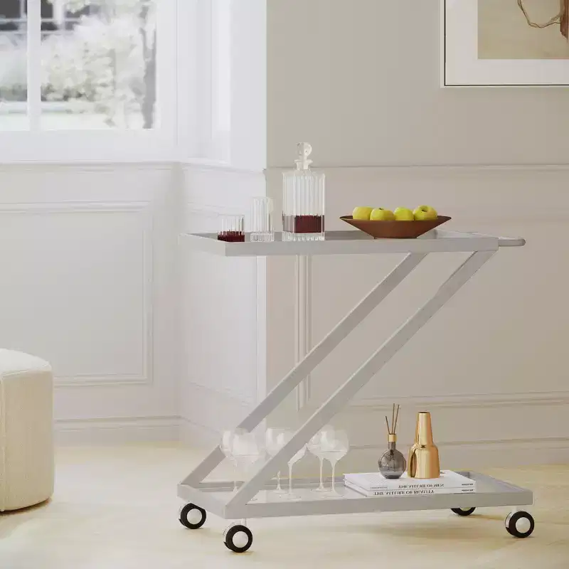 NAYSAYE Bar Serving Cart Modern Glass Shelves with Durable Iron Frame and Rolling Casters for Living Room , Silver, 36.5*18.75*34