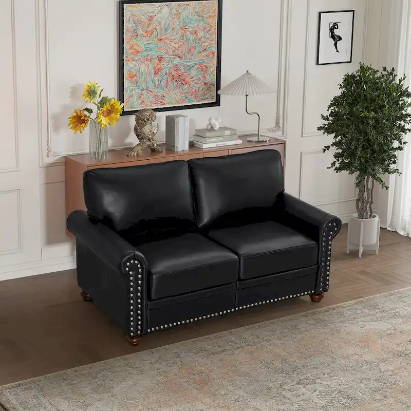 Black Faux Leather Loveseat with Silver Nail Trim, Under-Seat Storage & 6 Legs, 2-Person