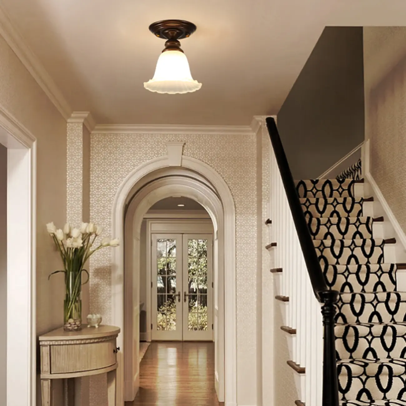 Vintage Brown Floral Frosted Glass Semi Flush Ceiling Light