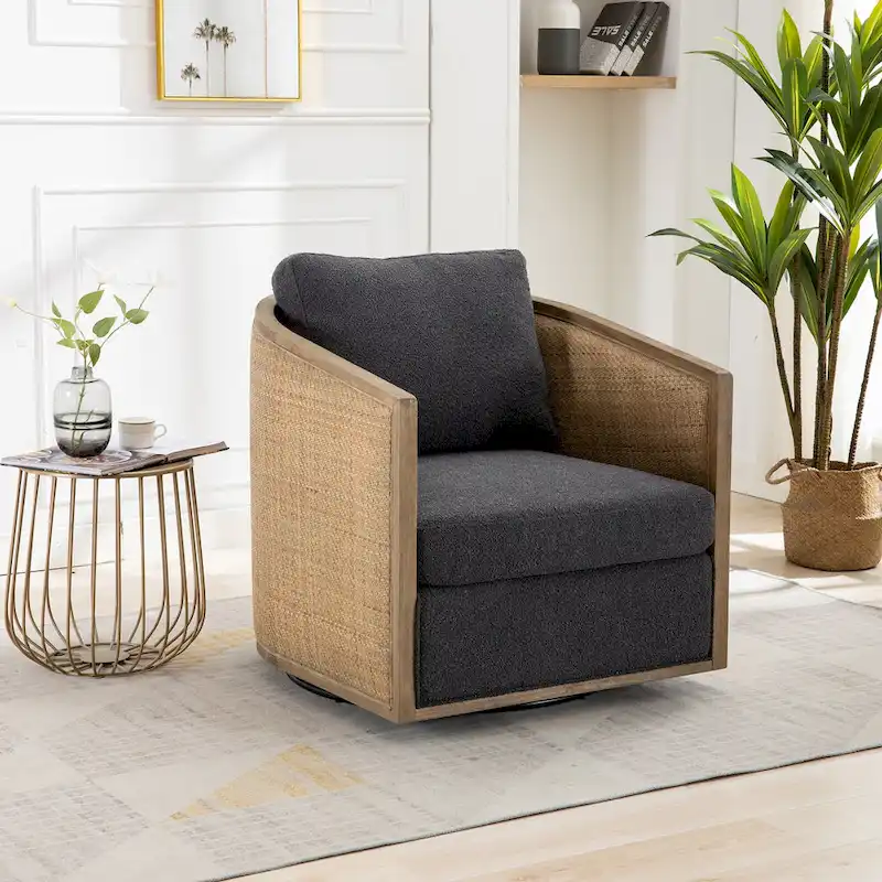 Carbon Black Rattan Swivel Barrel Chair, 1-Seat