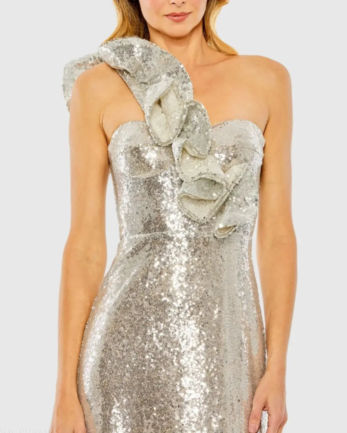 Silver Sequin Ruffled One Shoulder Gown