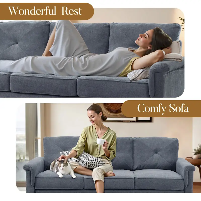 Mid-Century 3-Seat Upholstered Sofa with Wood Legs