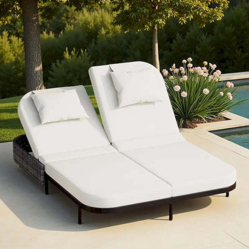 Outdoor Patio Iron Frame Double Daybed Sunbed with 5-Position Adjustable Backrest and Pillows