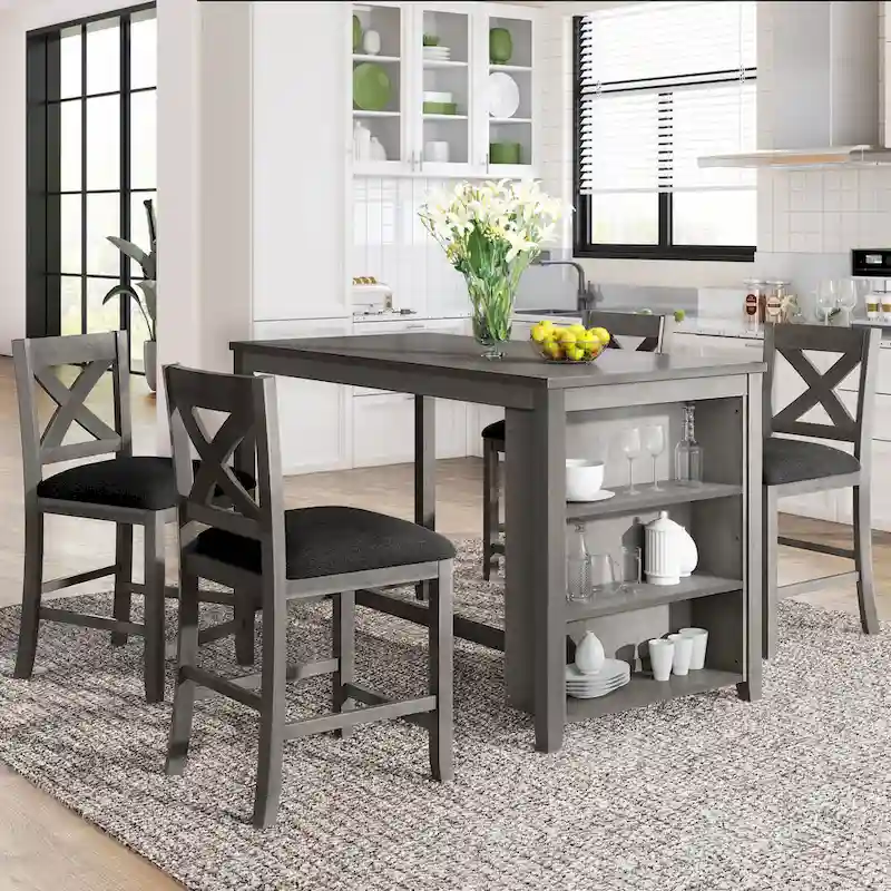 5-Piece Rustic Dining Set with Wooden Bar Table & 4 Chairs