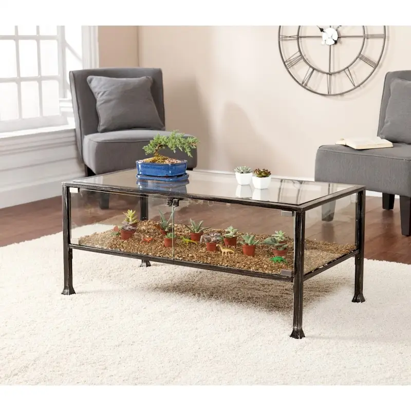 43  Black Glass And Metal Rectangular Coffee Table - 18.5  H x 42.5  W x 21  D