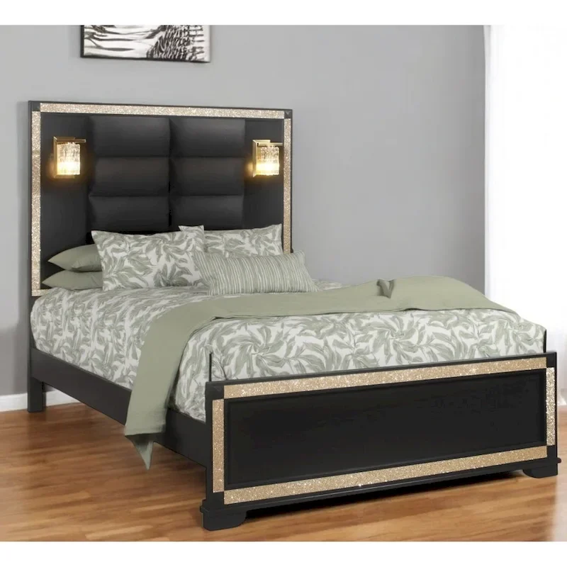 HomeRoots Black Faux Crystal Bling Wood And Upholstery Lighted Queen Bed Frame