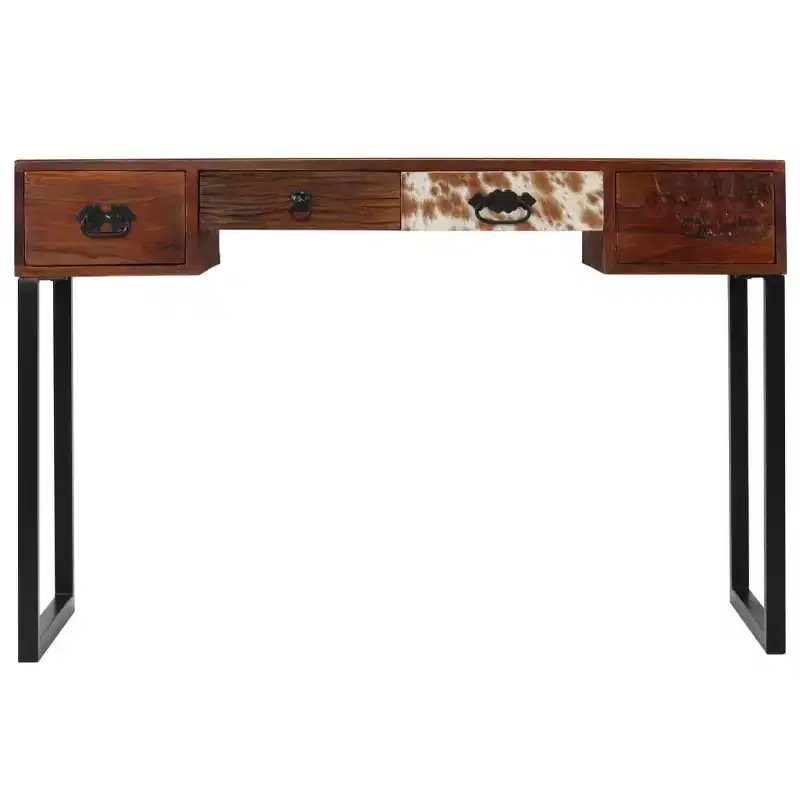 vidaXL Desk Home Office Computer Desk Solid Sheesham Wood and Real Leather - Dark Brown