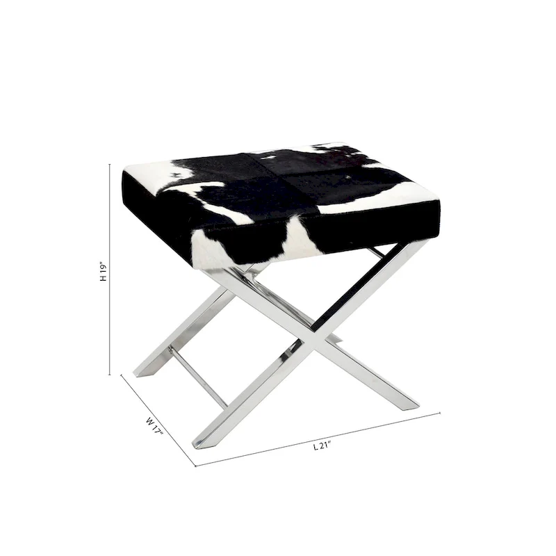 Chrome Stainless Steel Ottoman Chair with Black and White Hairline Leather