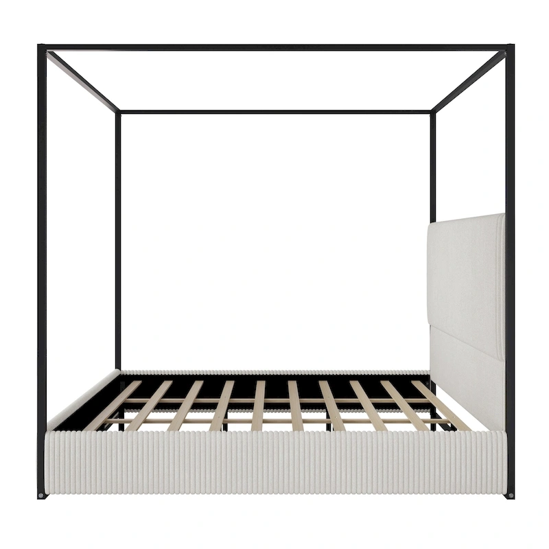 Modern Luxury Metal Canopy Bed with Tall Upholstered Headboard & Four Poster