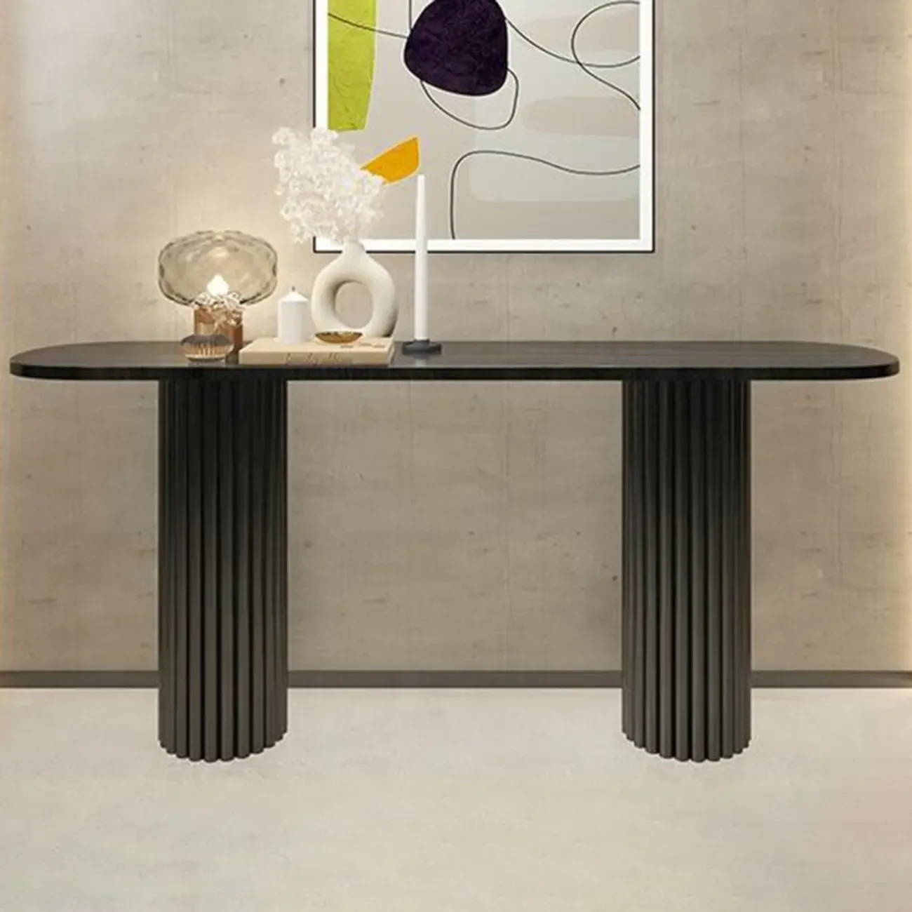 Natural Oval Wooden Double Pedestal Console Table