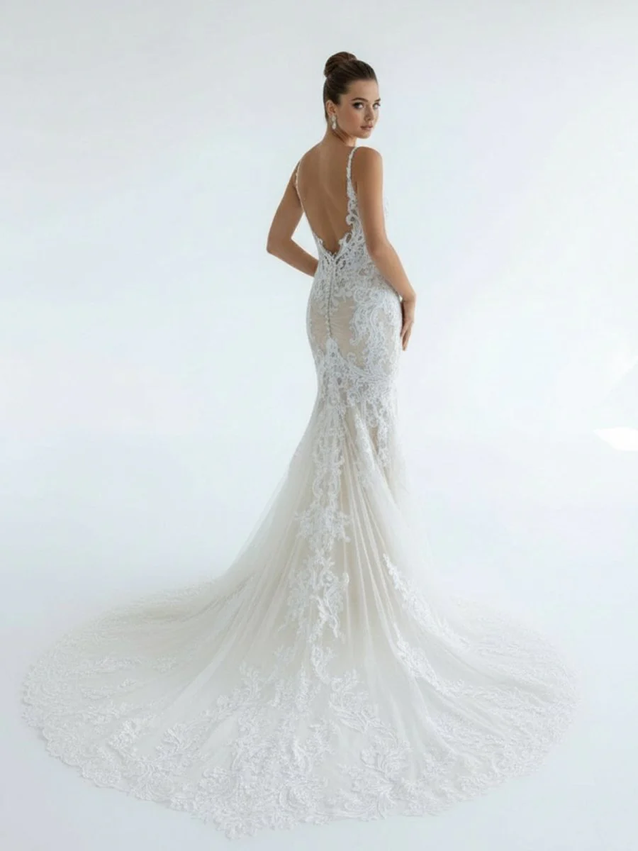 Mermaid V Neck Tulle Lace Wedding Dresses with Train