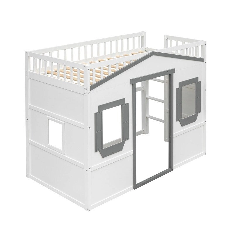 House Loft Bed Twin Kids Playhouse Bed, Solid Wood Loft Bed Frame with Window and Ladder