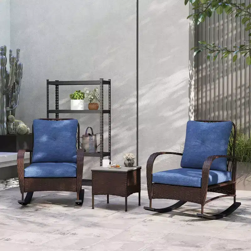 Outsunny 3 Pieces Patio Furniture Set, Wicker Rocking Chairs with Coffee Table, Cushions, Outdoor Bistro Set for Porch, Garden