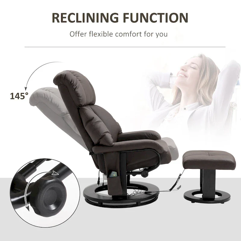 360 Swivel Massage Recliner Chair PU Leather Lounge Chair with 145 Recline, Footrest, Remote Control and Side Pocket