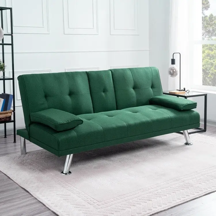 Futon Sofa Bed Couch with Armrest & Cupholders, Faux Leather Sofa Bed Couch Convertible Folding Reclining Small Couch