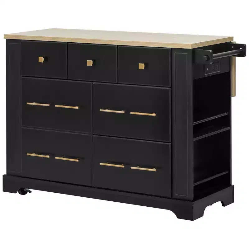 Whisen Kitchen Island with 6 Drawers, Pull - Out Trash, 5 Rolling Wheels, Drop Leaf & Racks