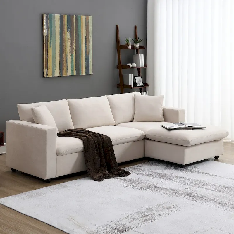 L-shaped Modern Sectional Sofa, 2 Free pillows,4-seat Polyester Fabric Couch Set,Ottoman,Beige