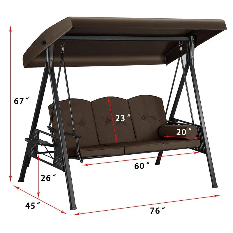 3-Person Metal Patio Swing with Canopy and Cushions - N/A