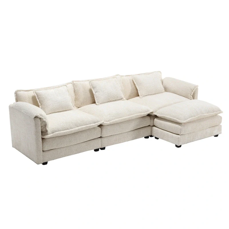 Beige 112.2  L-Shape 4-Seater Sectional Sofa in Modern Boucle Fabric with Removable Cushions and Detachable Armrests