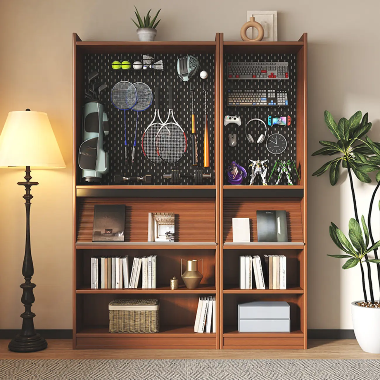 Tall Scandinavian Vertical Walnut Closed Back Wood Bookcase