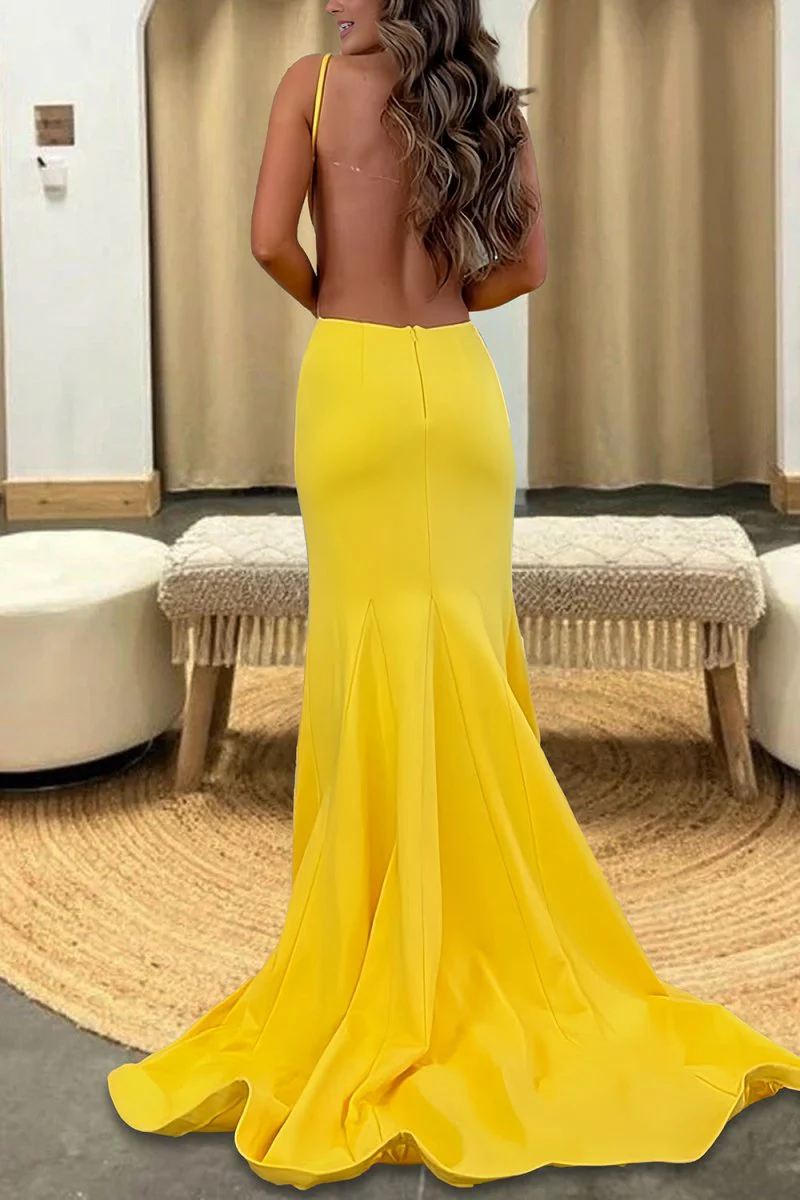 Yellow - Spaghetti Straps Satin Cutout Mermaid Prom Dresses With Bowknot