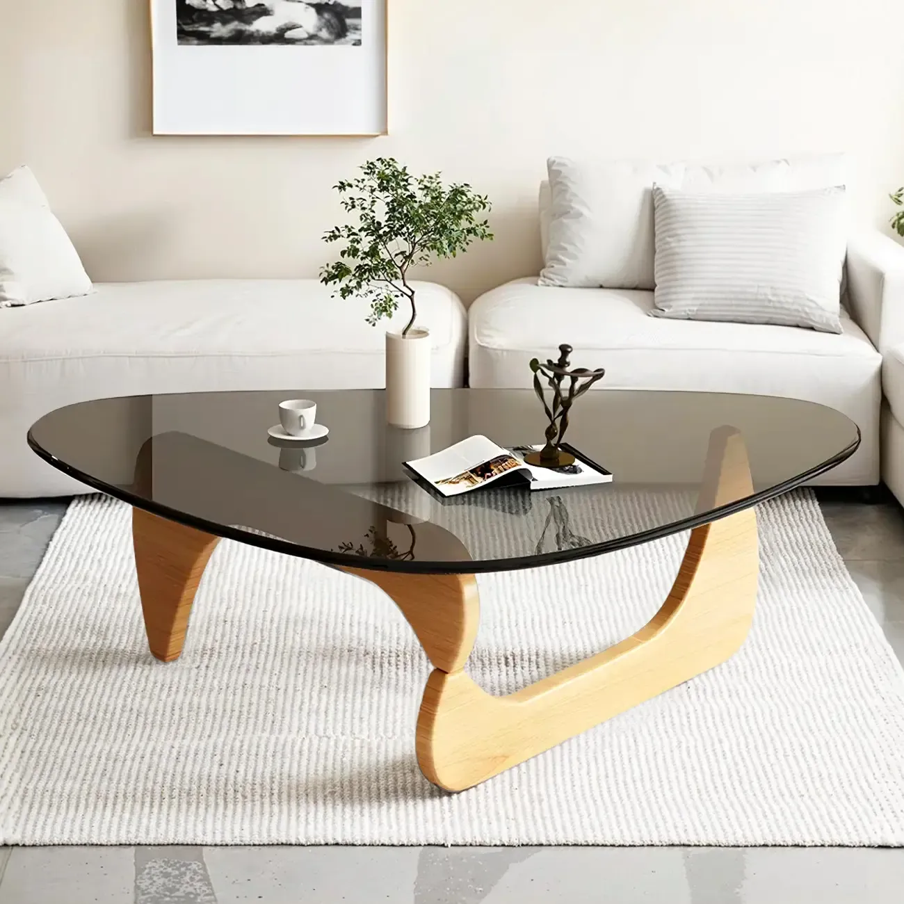 Modern Triangle Glass Coffee Table Wooden Base