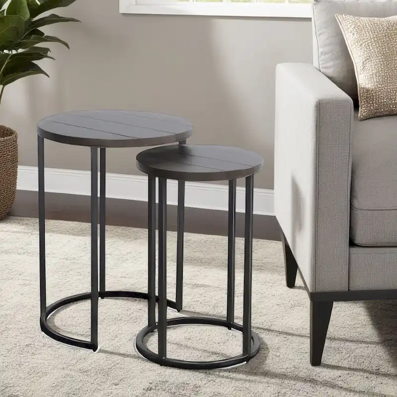 2-Piece Nesting Table Set, Dark Brown Mahogany, Black Metal Base