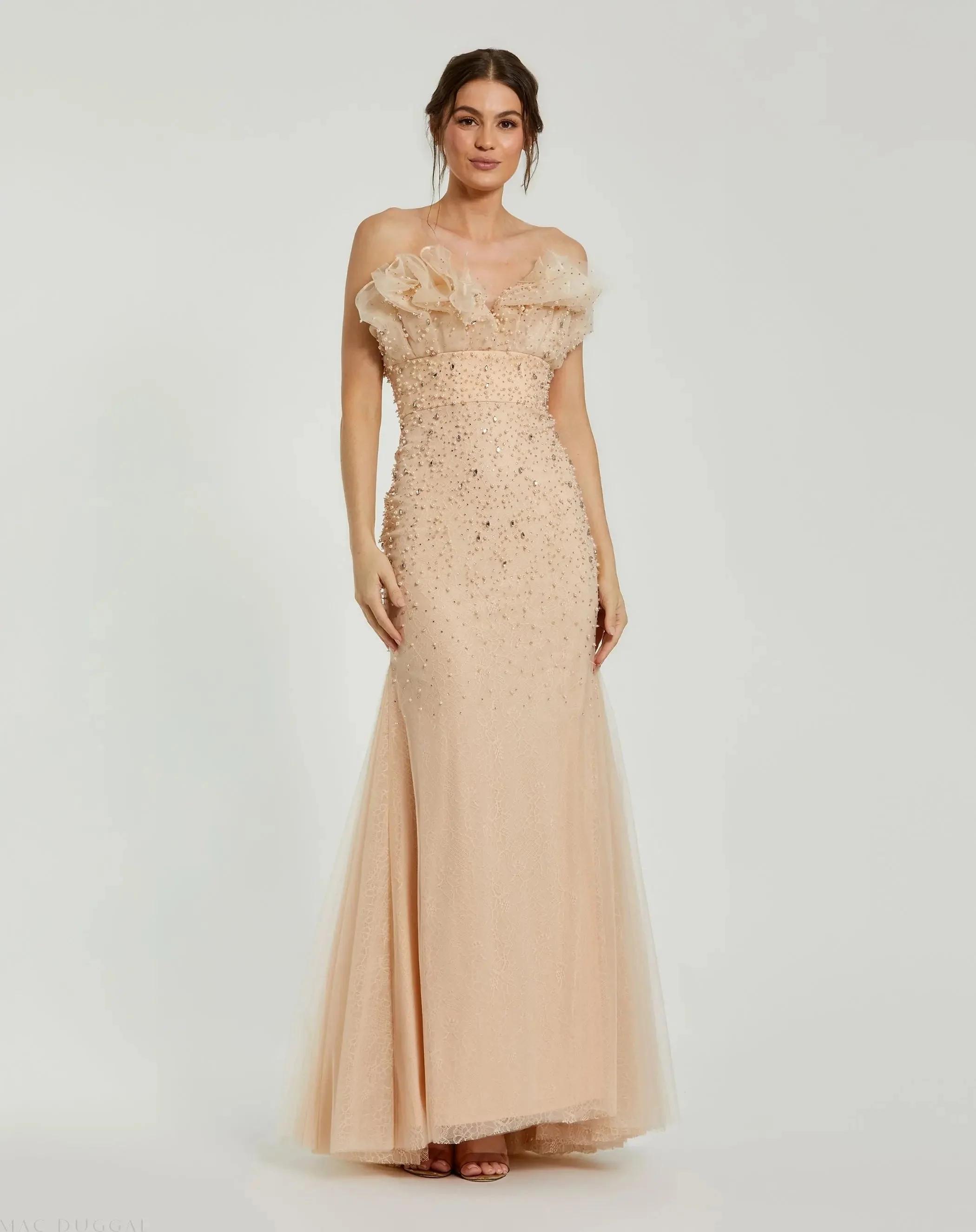 Beige Strapless Embellished Tulle Mermaid Gown