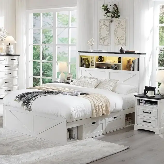 Brown / Warm Brown / White / Black Full Size Bed Frame with Storage Headboard & Drawers
