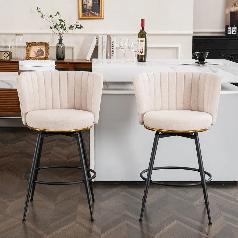 Set of 2 Swivel Upholstered Bar Stools with Metal Legs
