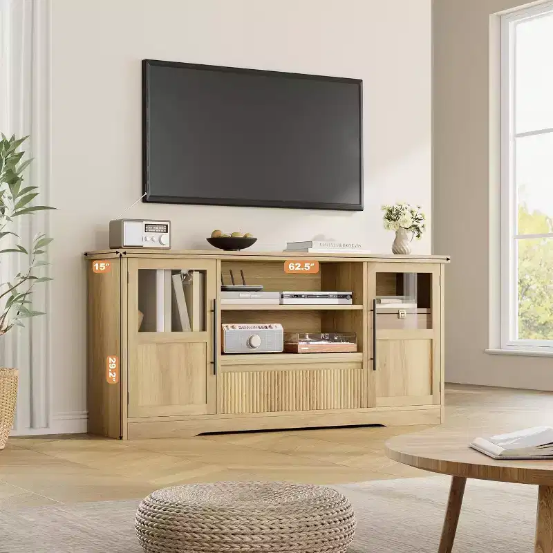 63 in Farmhouse TV Stand for TVs Up to 72 in, Wave Pattern Entertainment Center with 2 Glass Door Cabinets & 2 Open Shelves, for Living Room
