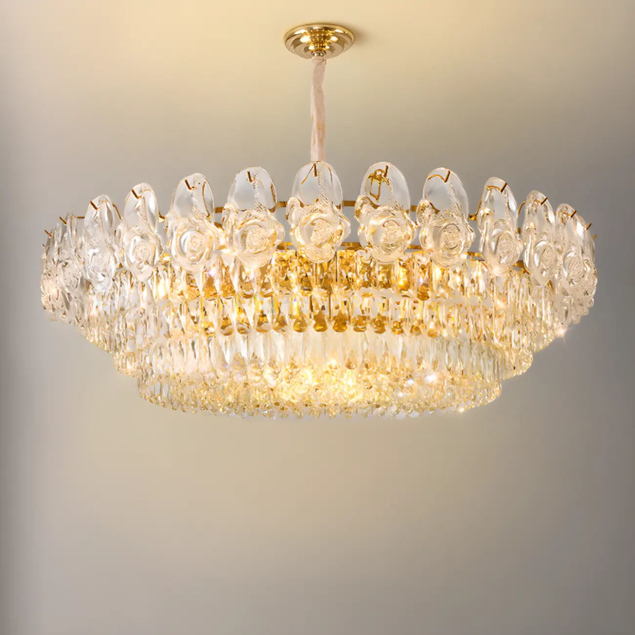 Modern Luxury Gold Tiered Crystal Round Chandelier
