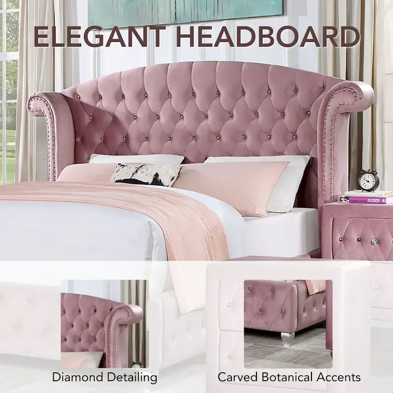 Pink Tufted Wingback Bed with Nailhead Trim