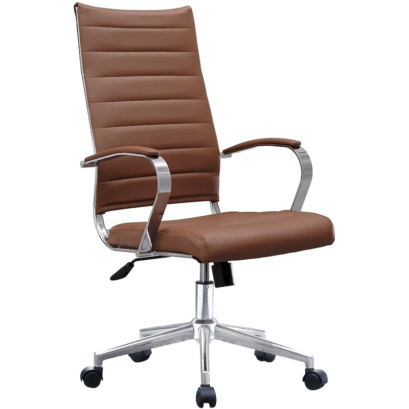 Modern Brown High Back Office Chair Ribbed PU Leather Swivel Conference Room Computer Desk Visitor Vintage Retro Boss