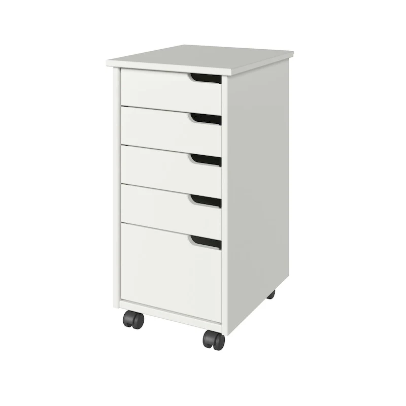 White Solid Wood Rolling Cart, 4+1 Drawer, 1-Person