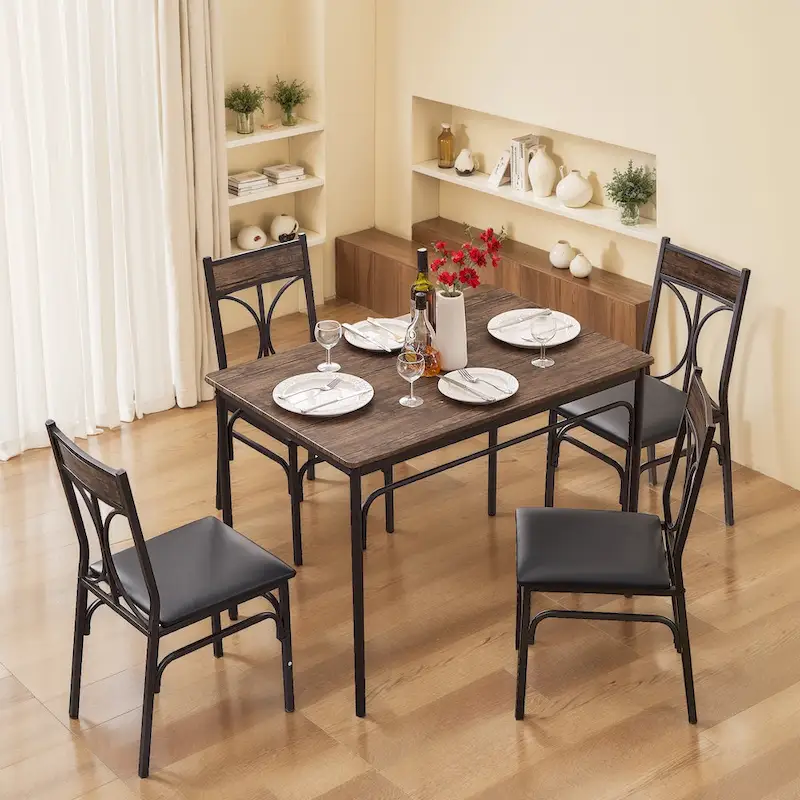 5-Piece Dining Table Set with 4 Upholstered Chairs, Brown