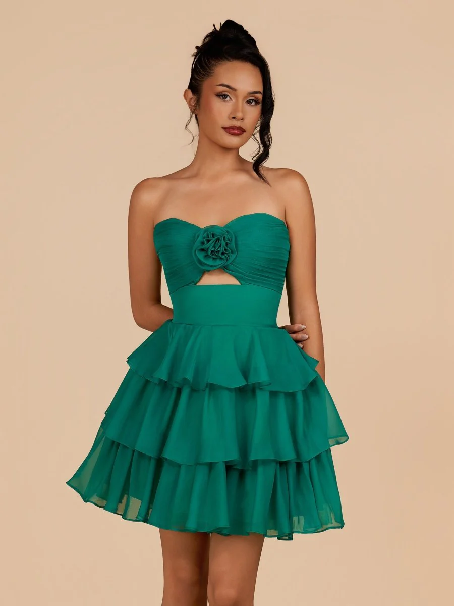 Green - Strapless A Line Chiffon Ruffles Homecoming Dresses With Flower