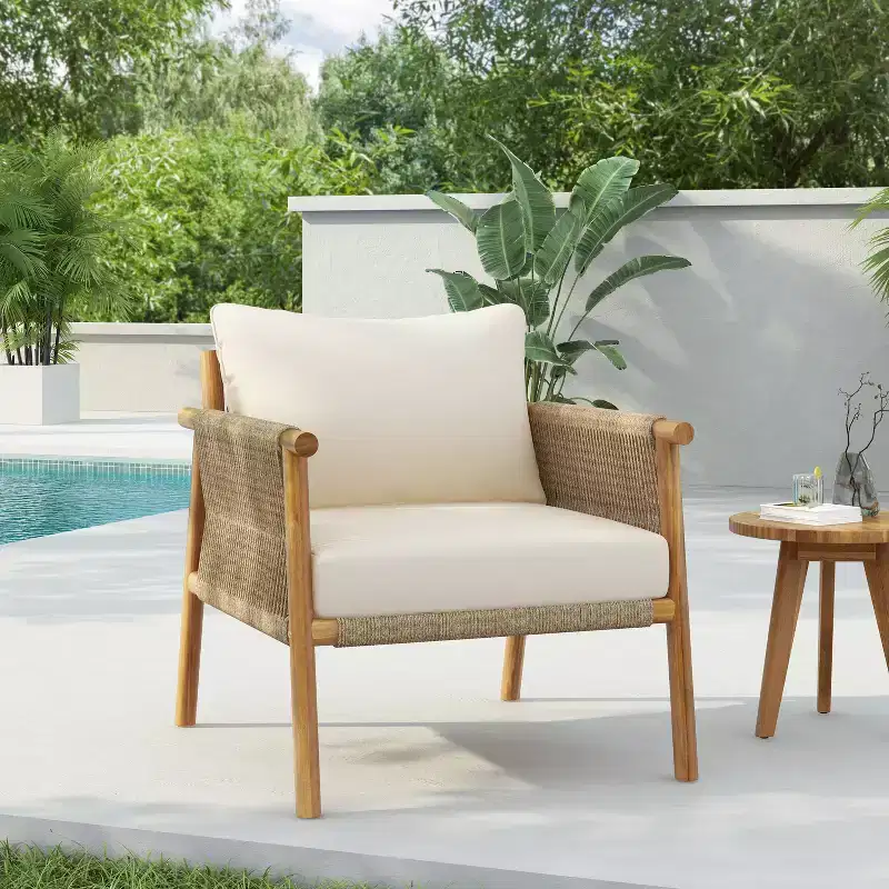 Christopher Knight Home Patsy Outdoor Rope Weave Acacia Wood Club Chair with Cushions, Teak