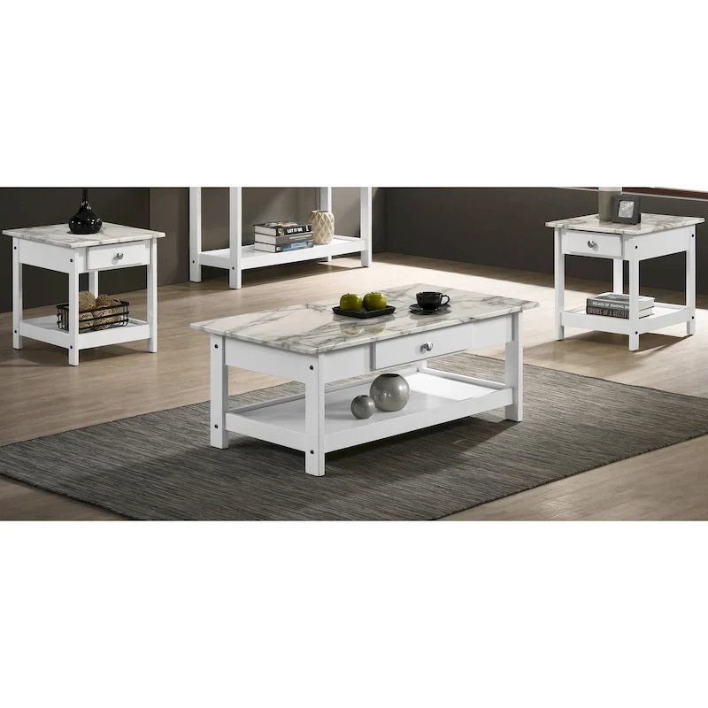 DH BASIC Transitional Rubberwood 3-Piece Open-Shelf Coffee Table and End Table Set with Drawer by Denhour