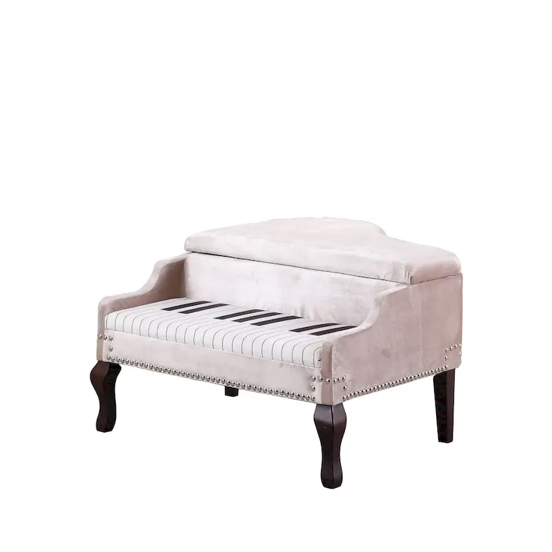 21 In. Beige Piano Upholstered Nailhead Living Room Ottoman