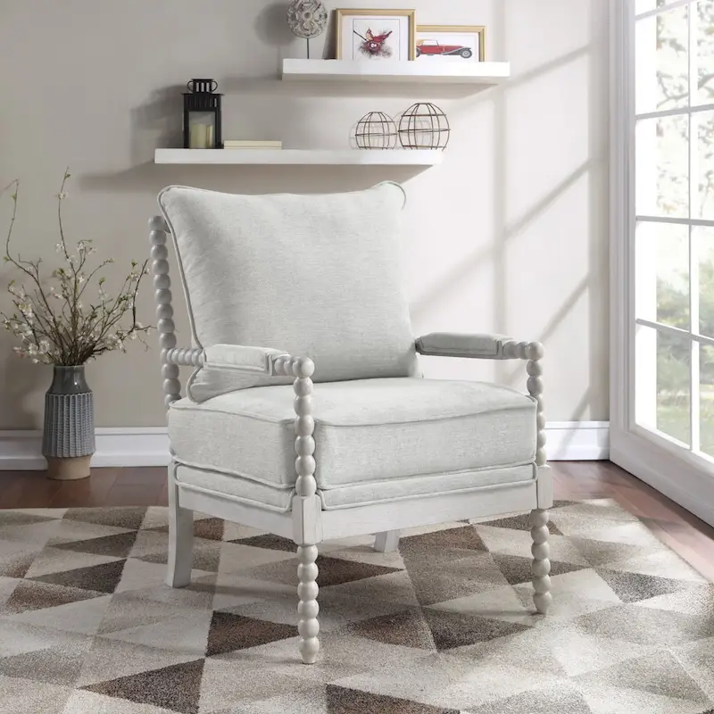 Spindle Accent Chair, Upholstered, Single Seat – Light Grey / Denim / Linen / Antique White